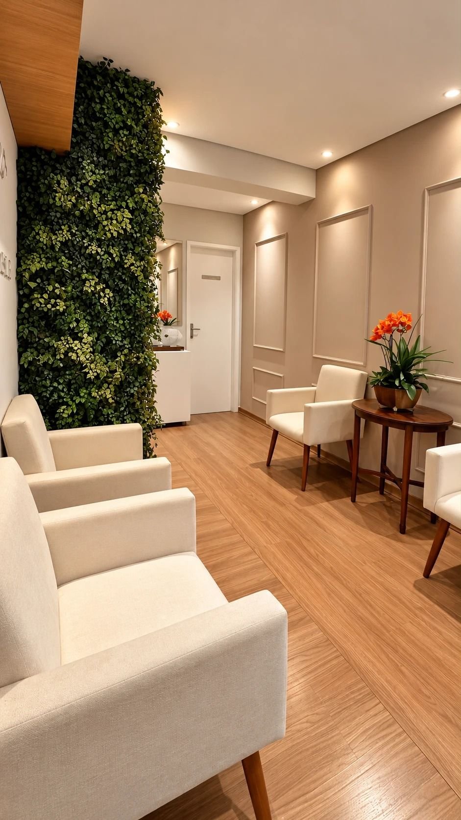 Sala de espera da DM com poltronas brancas, parede de folhagens e piso de madeira.