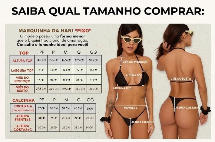Guia de tamanhos dos biquínis: medidas do top e da calcinha, do PP ao GG, com os pontos de medida indicados no corpo.