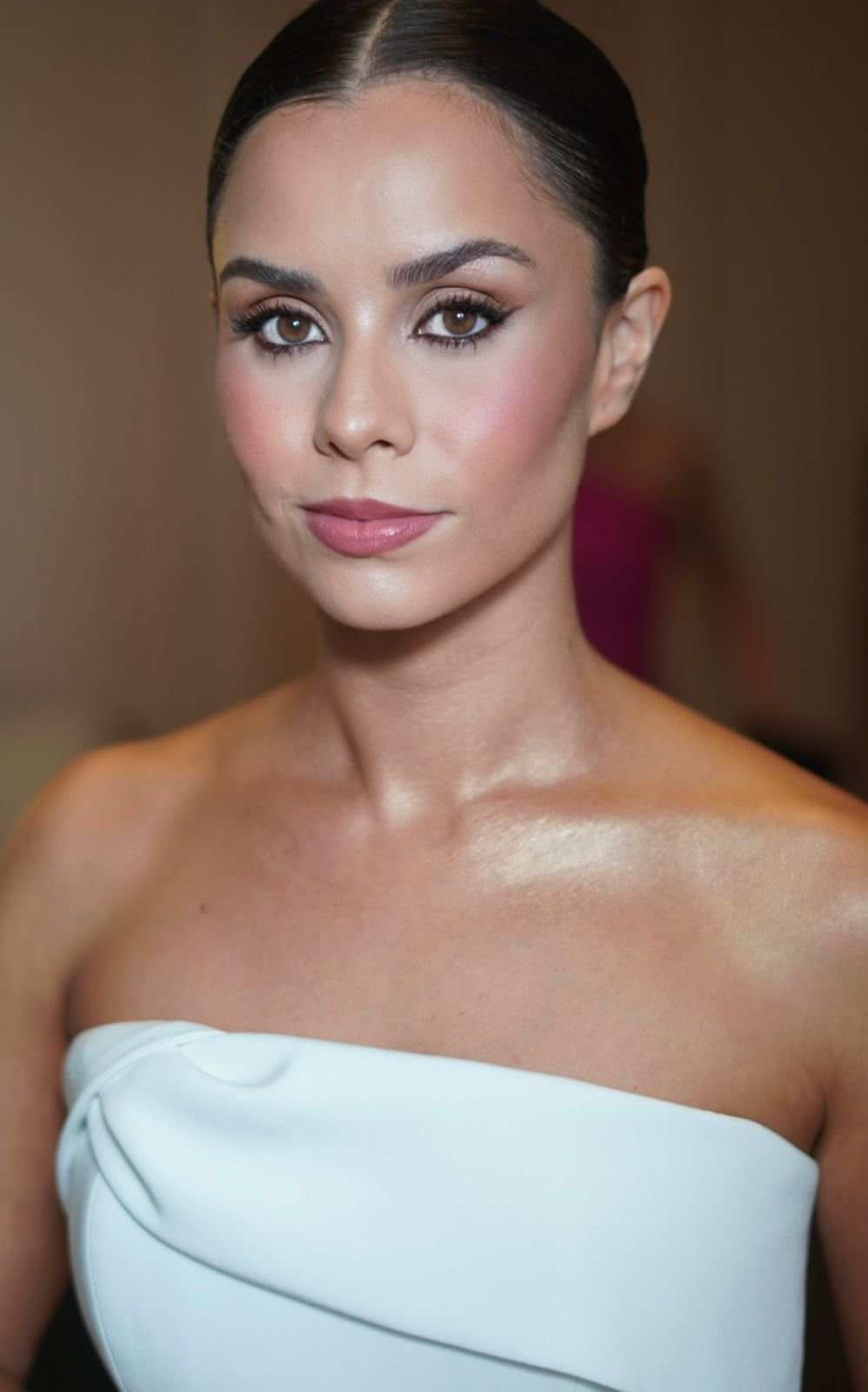 Retrato de noiva com coque baixo, maquiagem suave e vestido tomara que caia branco, com o colo bronzeado e iluminado.