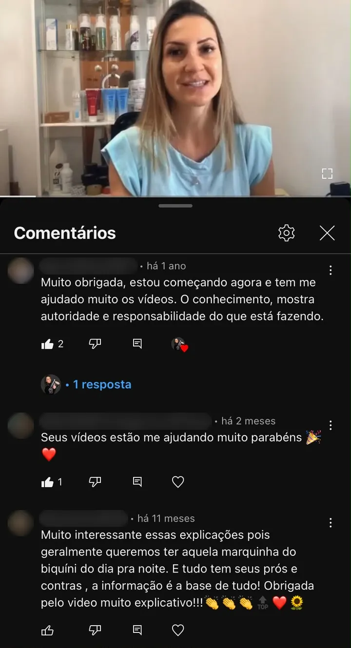 Três comentários em um vídeo da Mari: “Muito obrigada, estou começando agora e tem me ajudado muito os vídeos”, “Seus vídeos estão me ajudando muito, parabéns” e “Muito interessante essas explicações… Obrigada pelo vídeo muito explicativo!”.